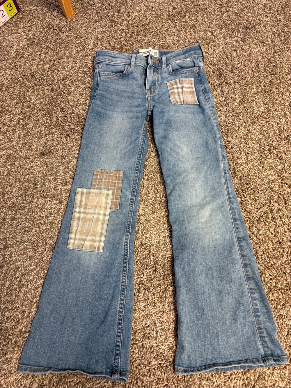 abercrombie kids Light Blue Flare Jeans with Plaid Patches